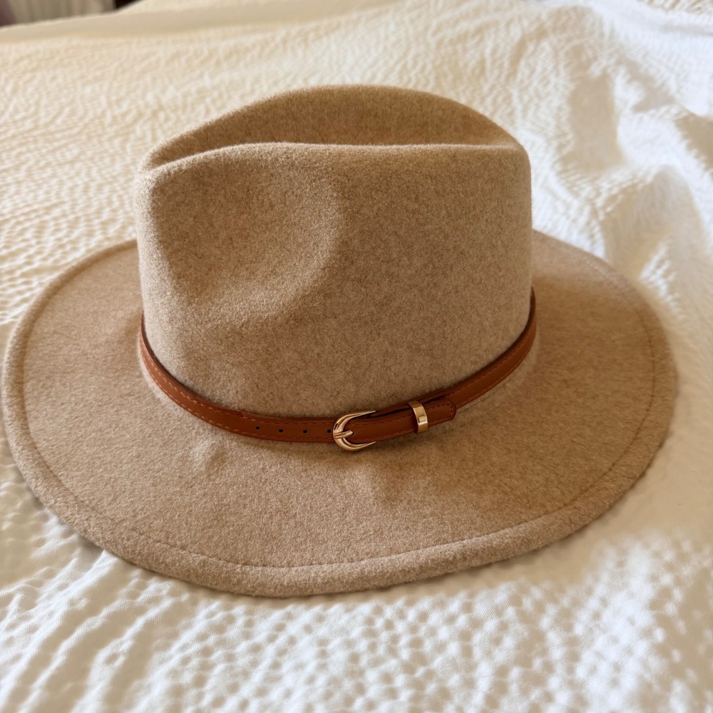 Altar'd State Beige Wool Blend Wide Brim Fedora Hat with Brown Buckle Band OS